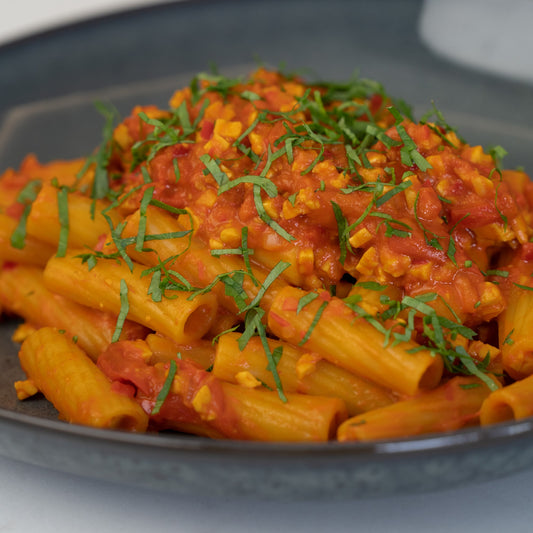 Spiced Tempeh and Red Pepper Sausage Style Rigatoni