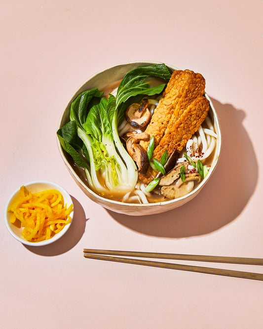 Shoyu Koji Noodle Soup - with Tempeh, Spring Onions, Bok Choy and Mooli Kimchi/TMP